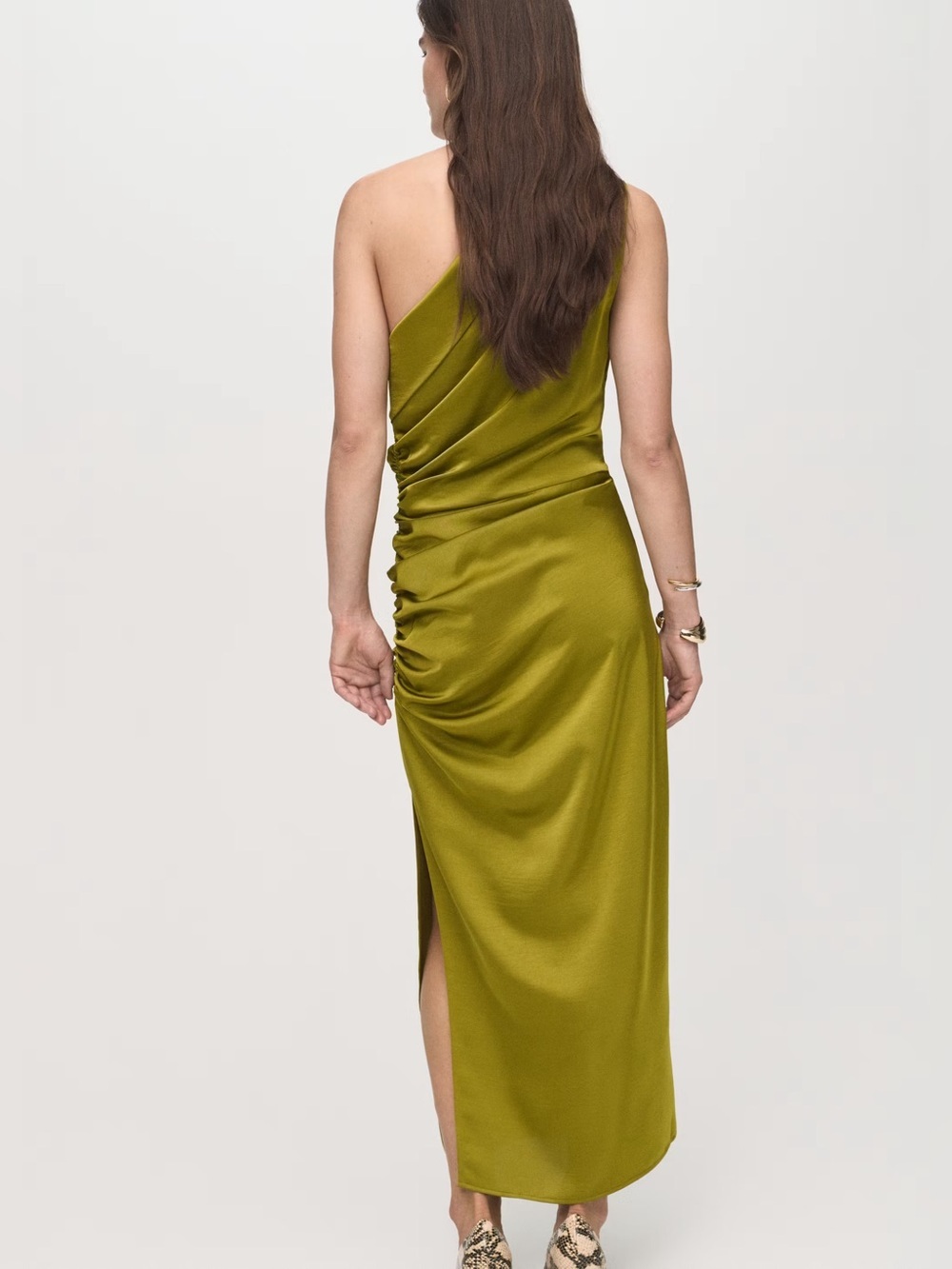 Mango Olive green asymmetrical satin dress with side slits NWT - Picture 4 of 7